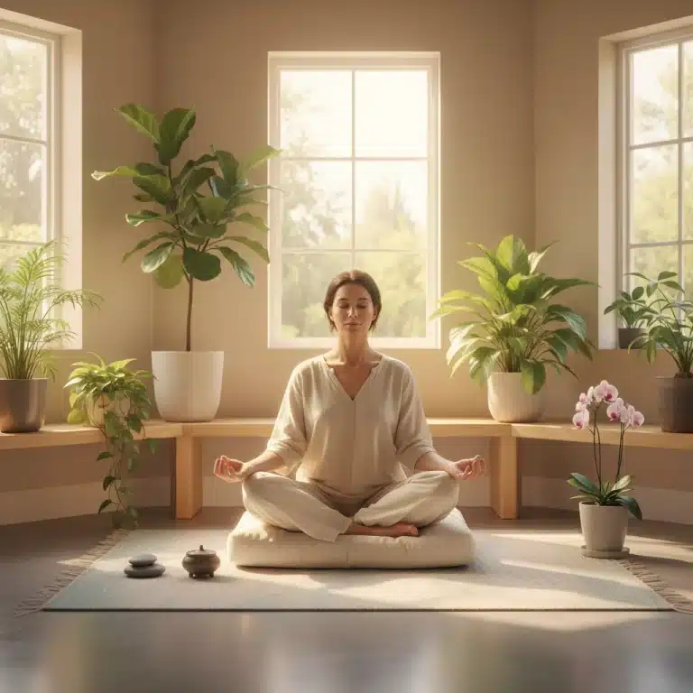 Person meditating peacefully in a bright, tranquil room, embodying mindful living and stress reduction.
