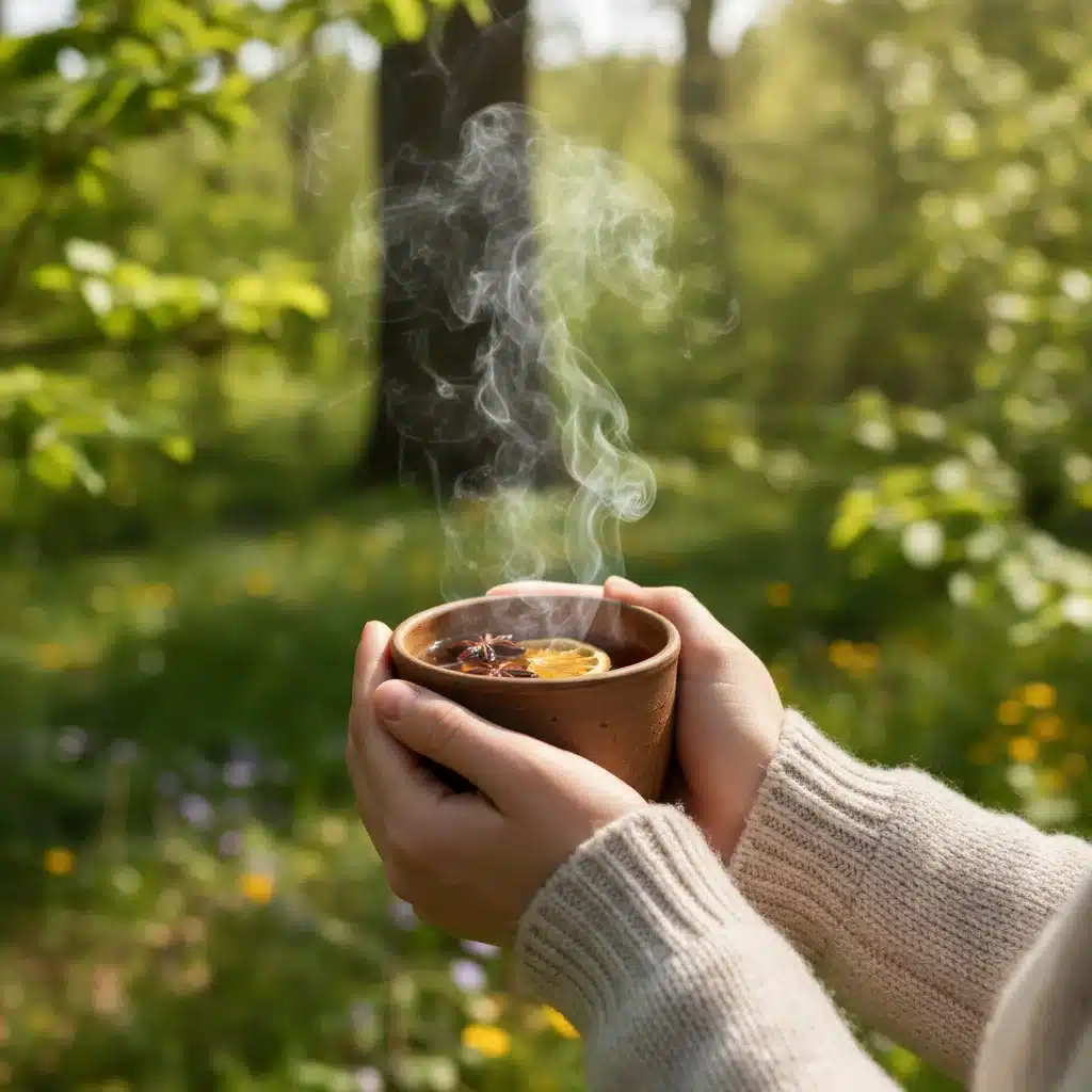 Hands holding a warm cup of herbal tea, symbolizing a mindful pause and daily gratitude practice.