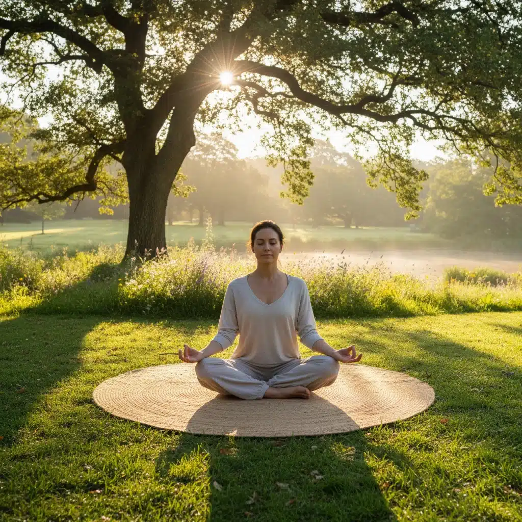 Person performing gentle yoga in a park at sunrise, representing mindful movement and nature connection.