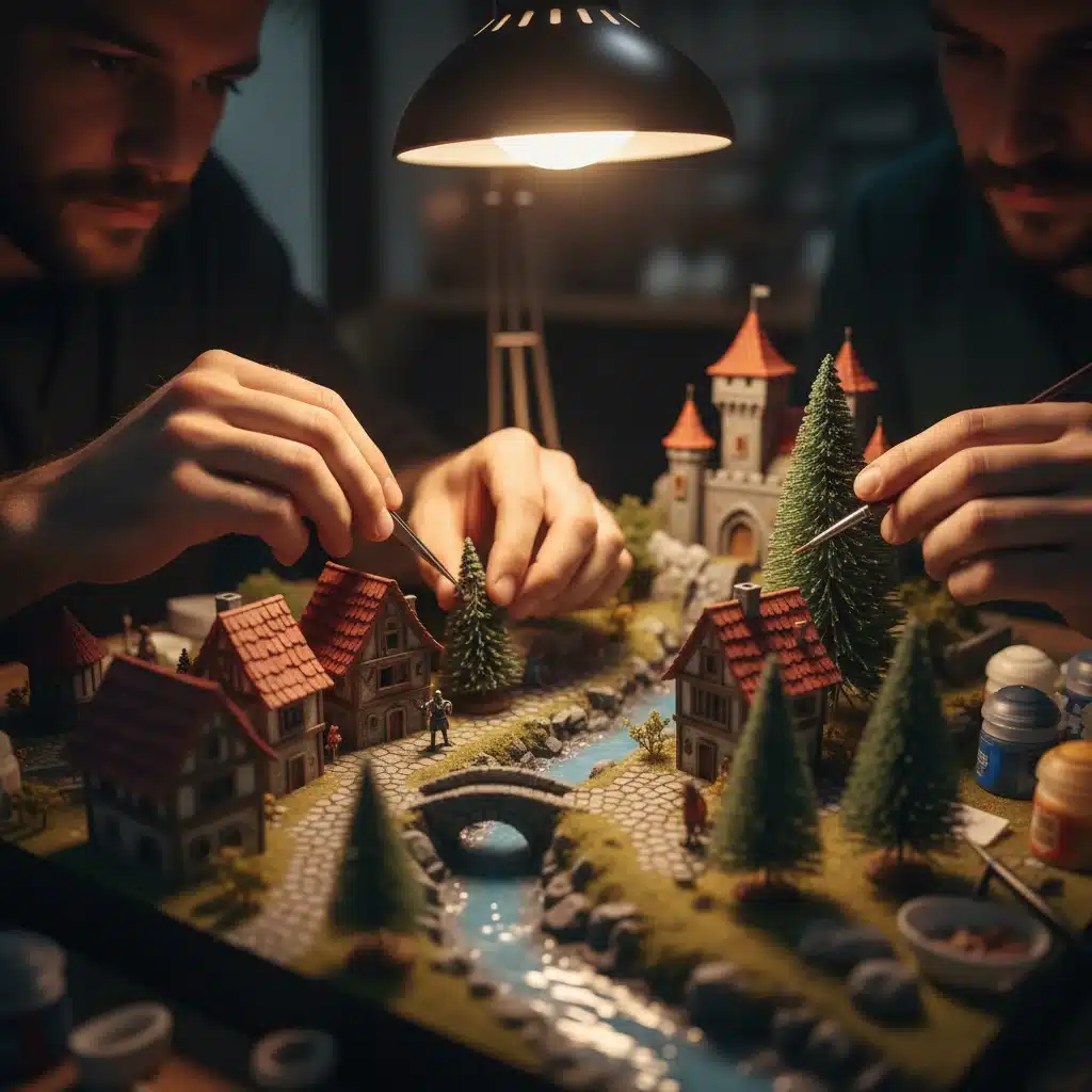Hands crafting a detailed miniature diorama