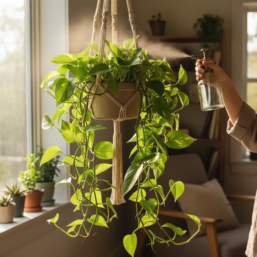 Person misting variegated Pothos plant in macrame hanger