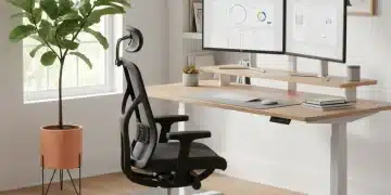 Modern ergonomic home office setup with standing desk and dual monitors
