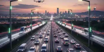 2026 Infrastructure Bill: Impact on Daily Commutes & Solutions Modern highway with numerous cars at dusk, symbolizing the impact of the infrastructure bill on daily commutes.