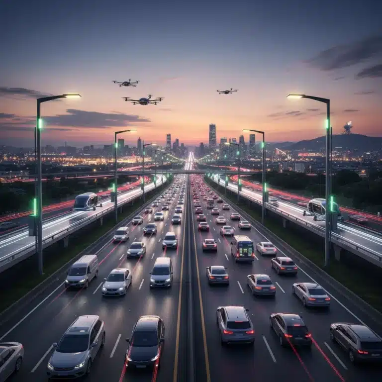 Modern highway with numerous cars at dusk, symbolizing the impact of the infrastructure bill on daily commutes.
