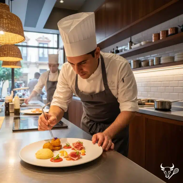 Modern Spanish chef plating an innovative dish in a high-end restaurant kitchen.