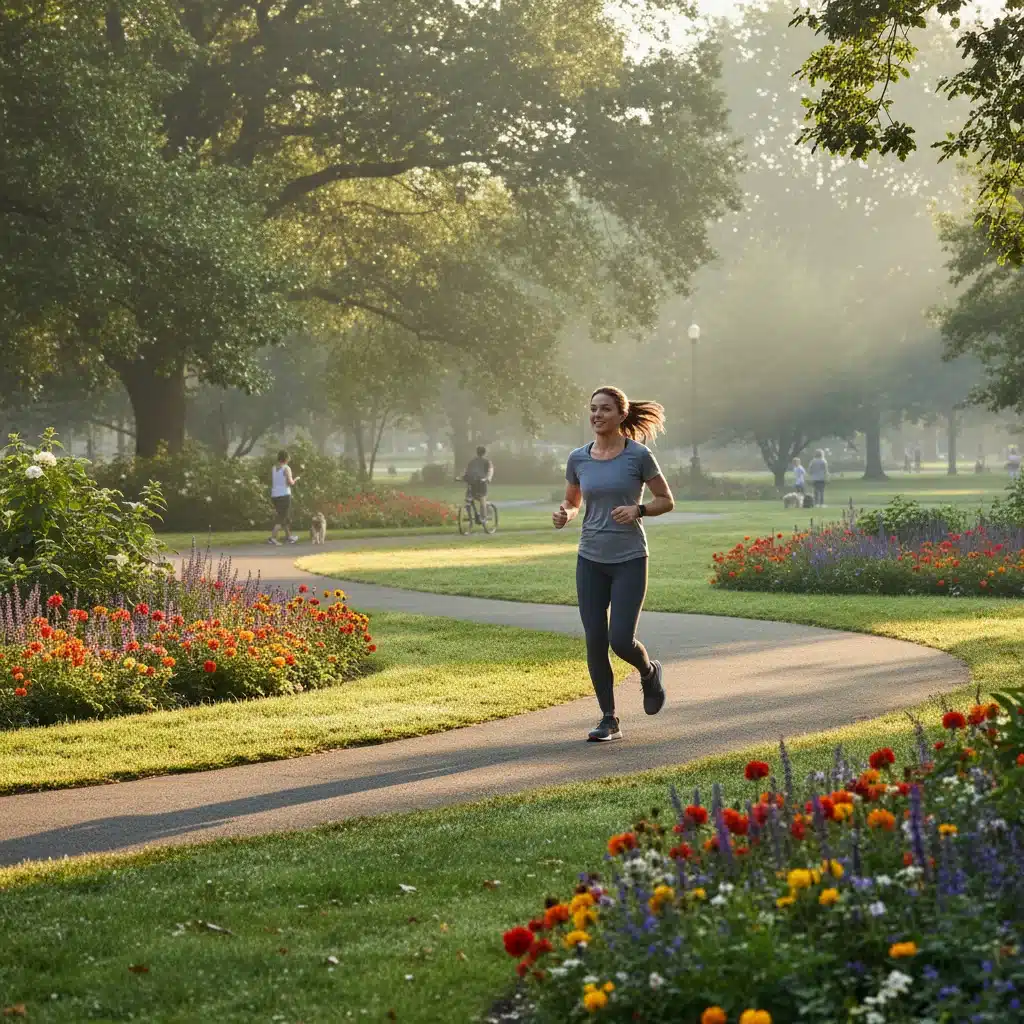 Person jogging in park for morning exercise routine