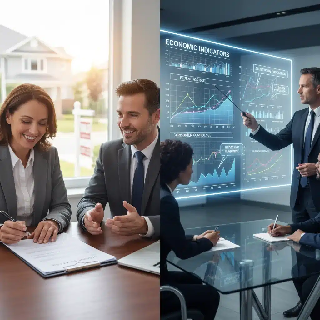 Homeowner signing mortgage documents with a financial advisor explaining economic indicators.