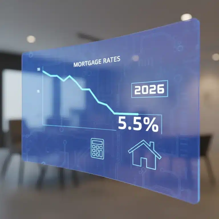 Futuristic dashboard showing mortgage rate predictions for 2026 below 6 percent.