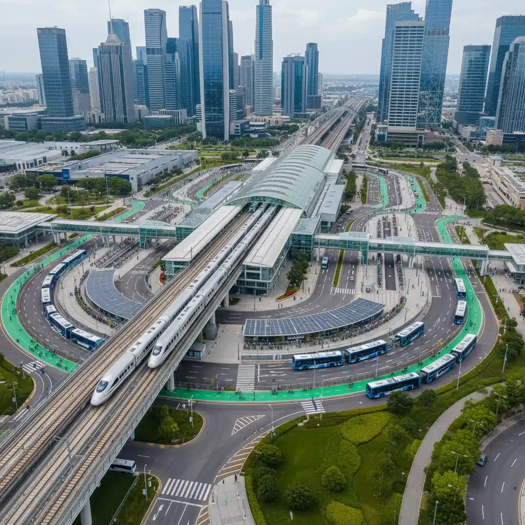 Aerial view of a multimodal public transportation hub with trains, buses, and bike lanes.
