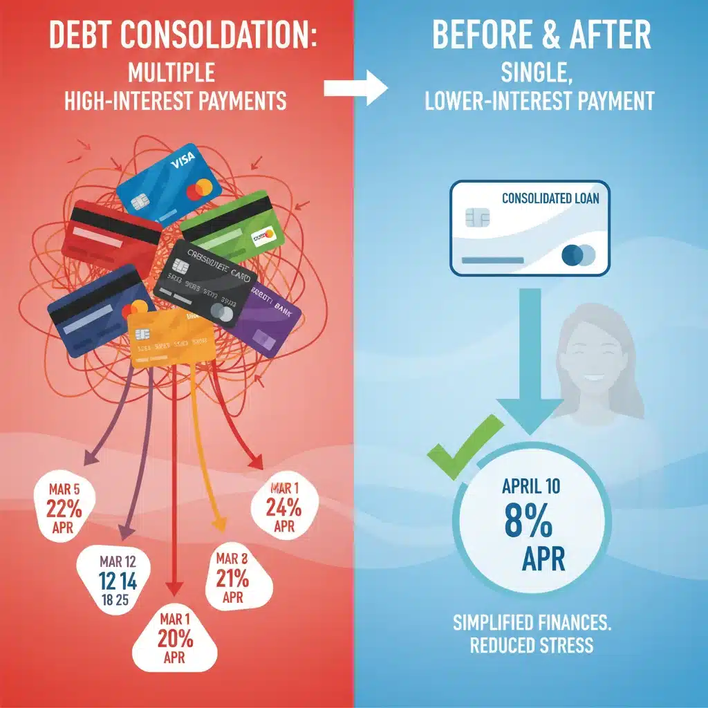 Comparison of multiple debt payments versus a single consolidated debt payment