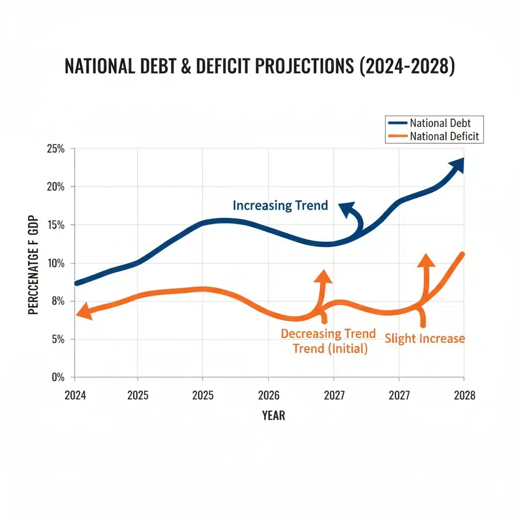 Graph depicting projected national debt and deficit trends over five years.