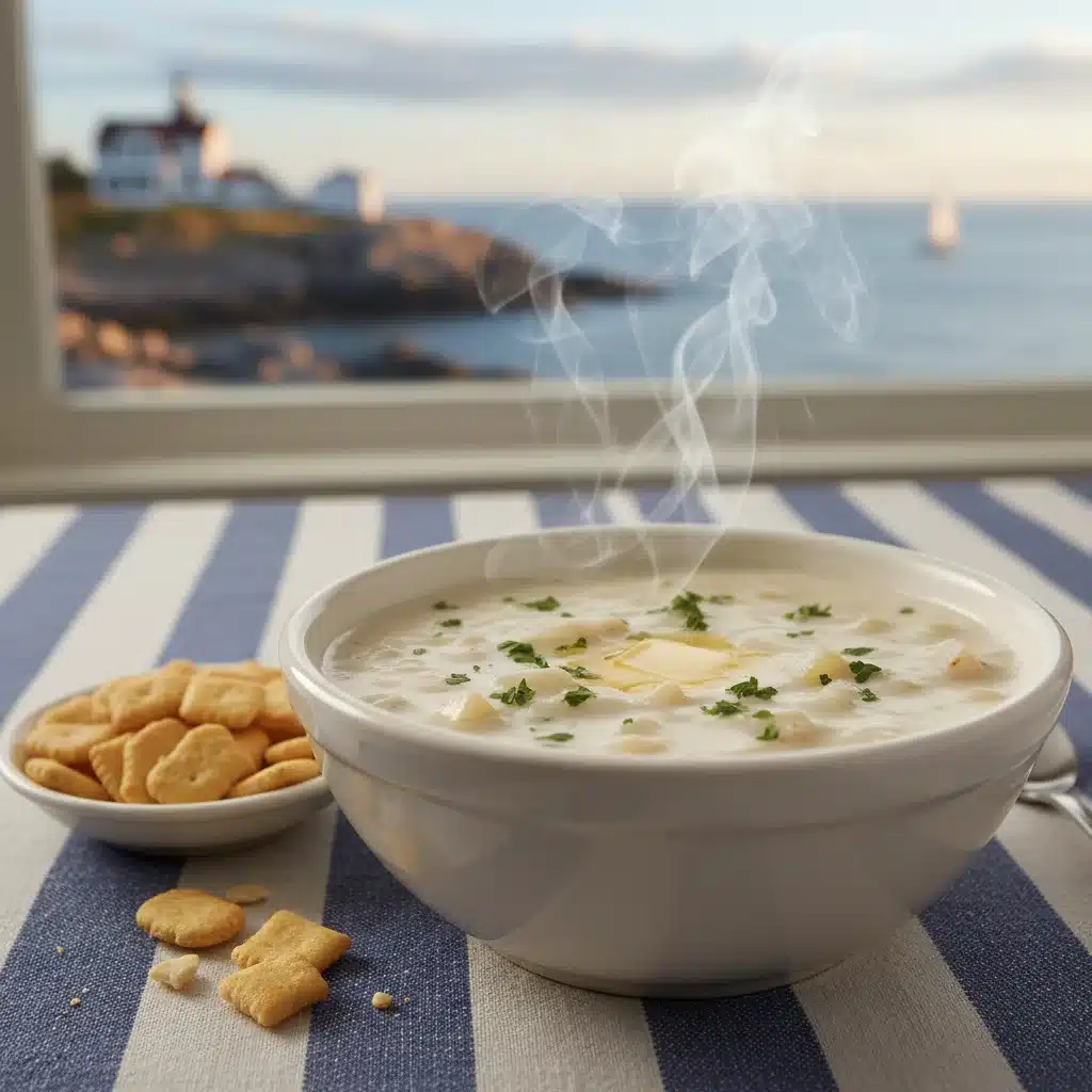 A hearty bowl of creamy New England clam chowder with oyster crackers.