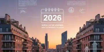 Skyline de ciudad española con edificios de apartamentos y gráficos legales, simbolizando la Nueva Ley de Vivienda 2026 y su impacto en el alquiler.
