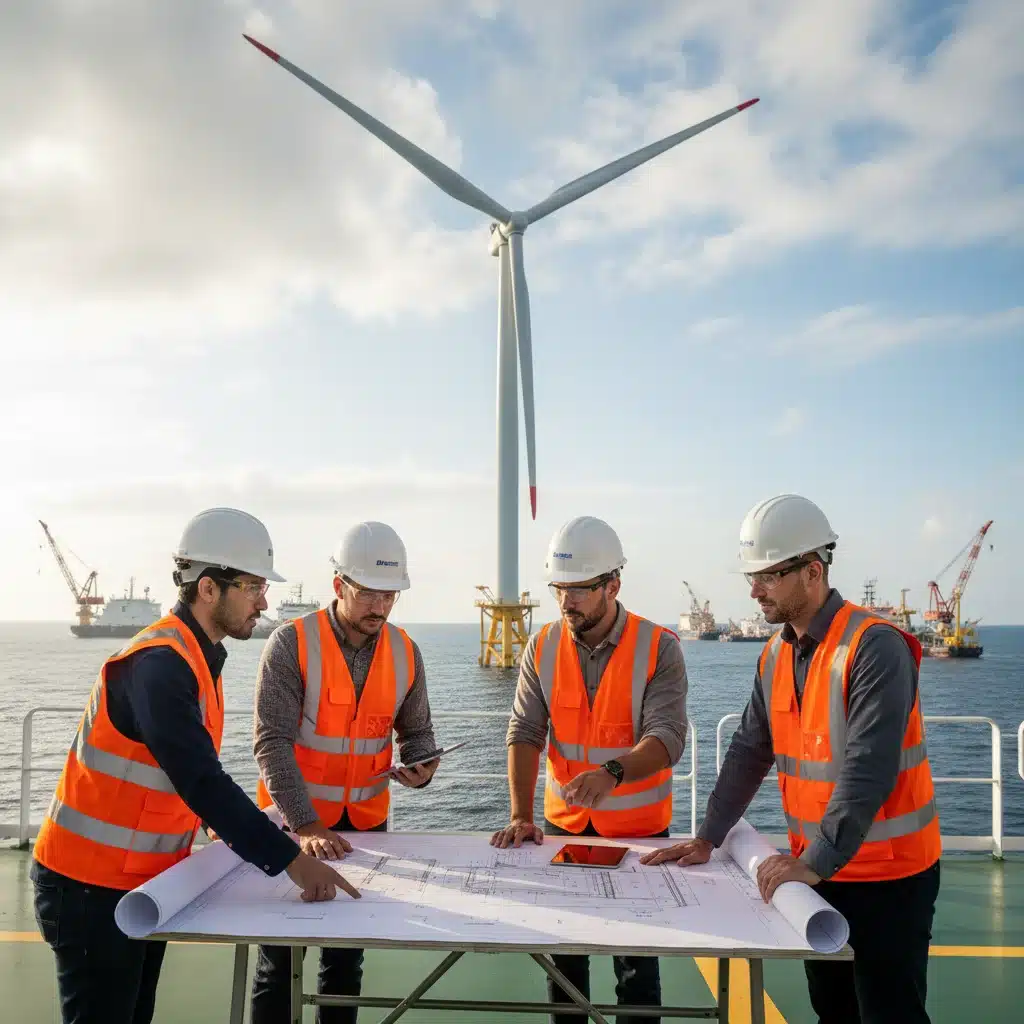 Engineers planning offshore wind turbine installation.