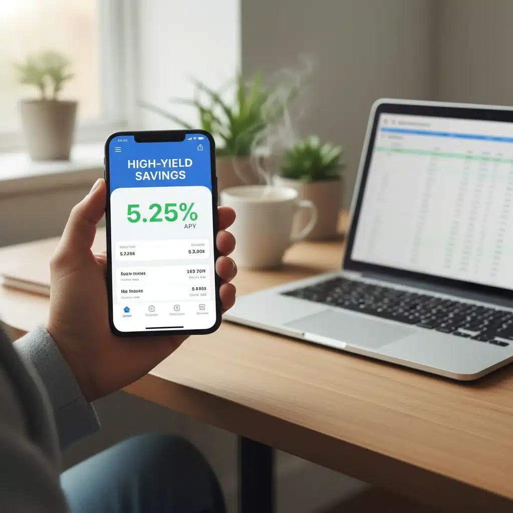 Smartphone displaying high APY on a banking app in a home office.