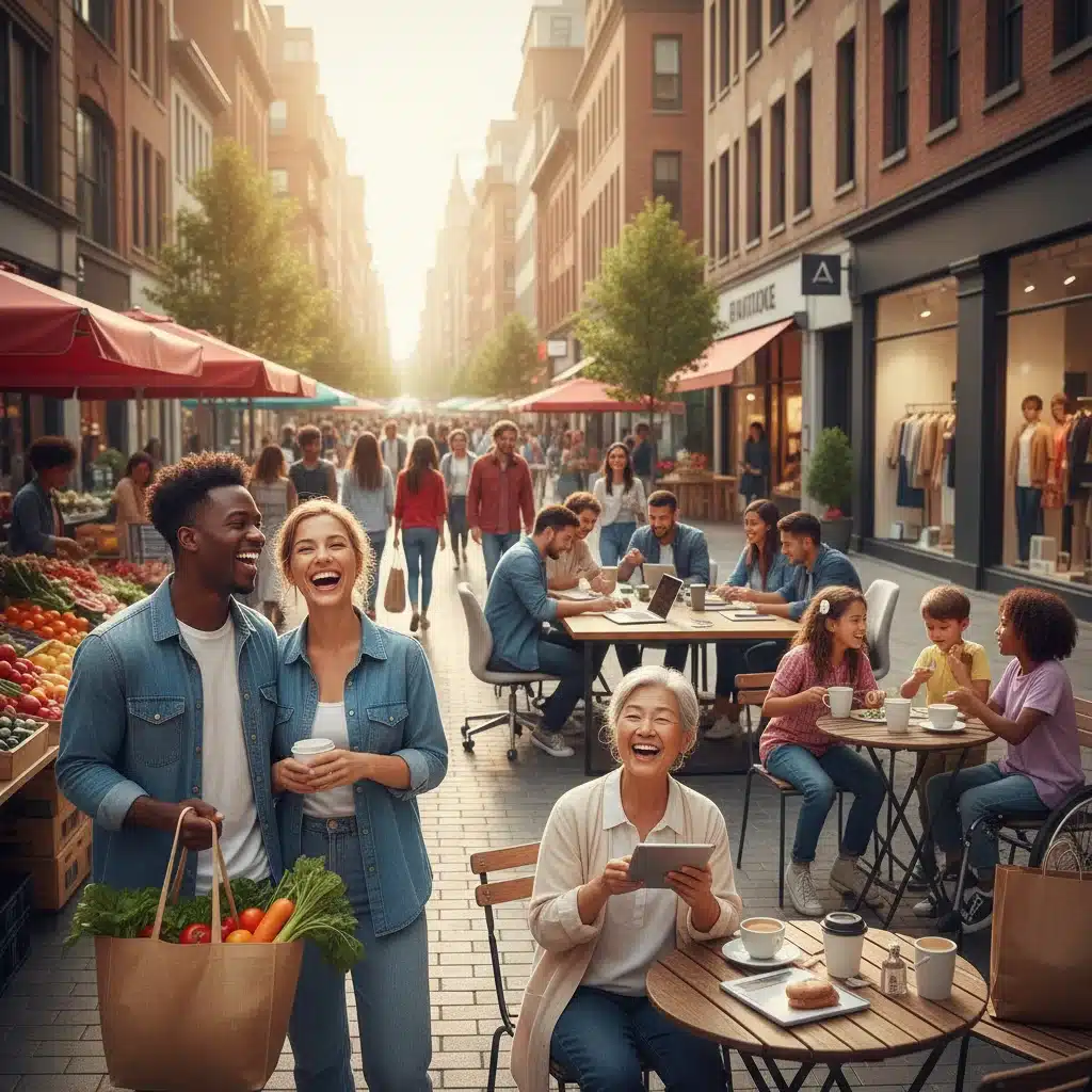 Optimistic consumers engaging in daily activities, reflecting strong consumer confidence.