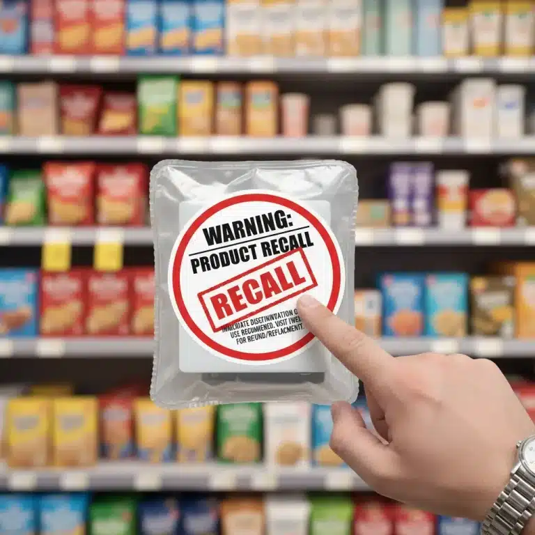 Consumer warning label indicating a product recall, emphasizing safety