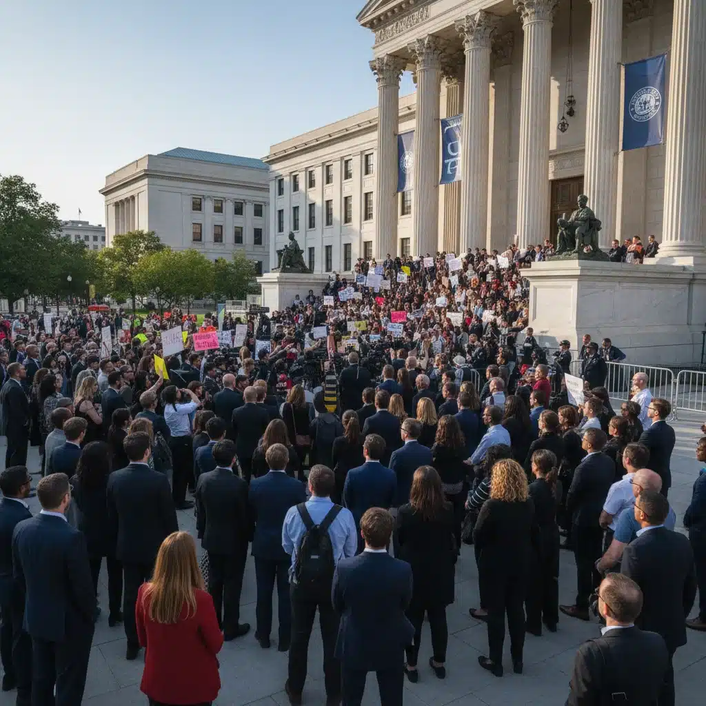 Diverse crowd outside courthouse, representing public reaction to legal decisions.