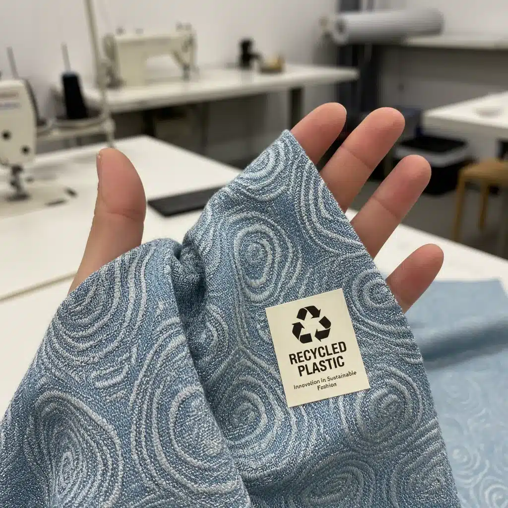 Hand holding fabric made from recycled plastic bottles, illustrating sustainable material innovation.