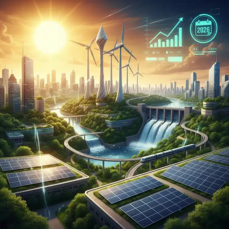 Illustration of diverse renewable energy sources powering a futuristic city, symbolizing growth towards 2026.