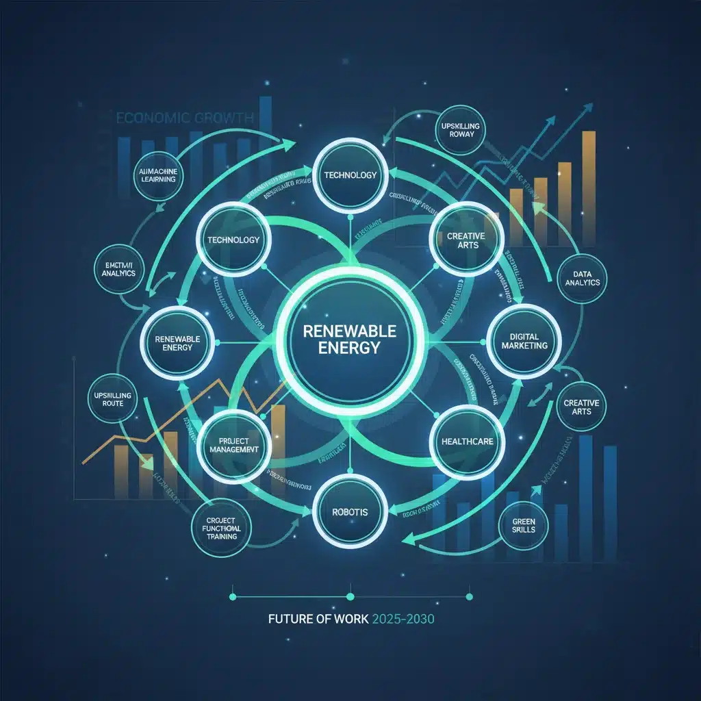 Infographic illustrating reskilling and upskilling pathways across various industries, highlighting career adaptability.