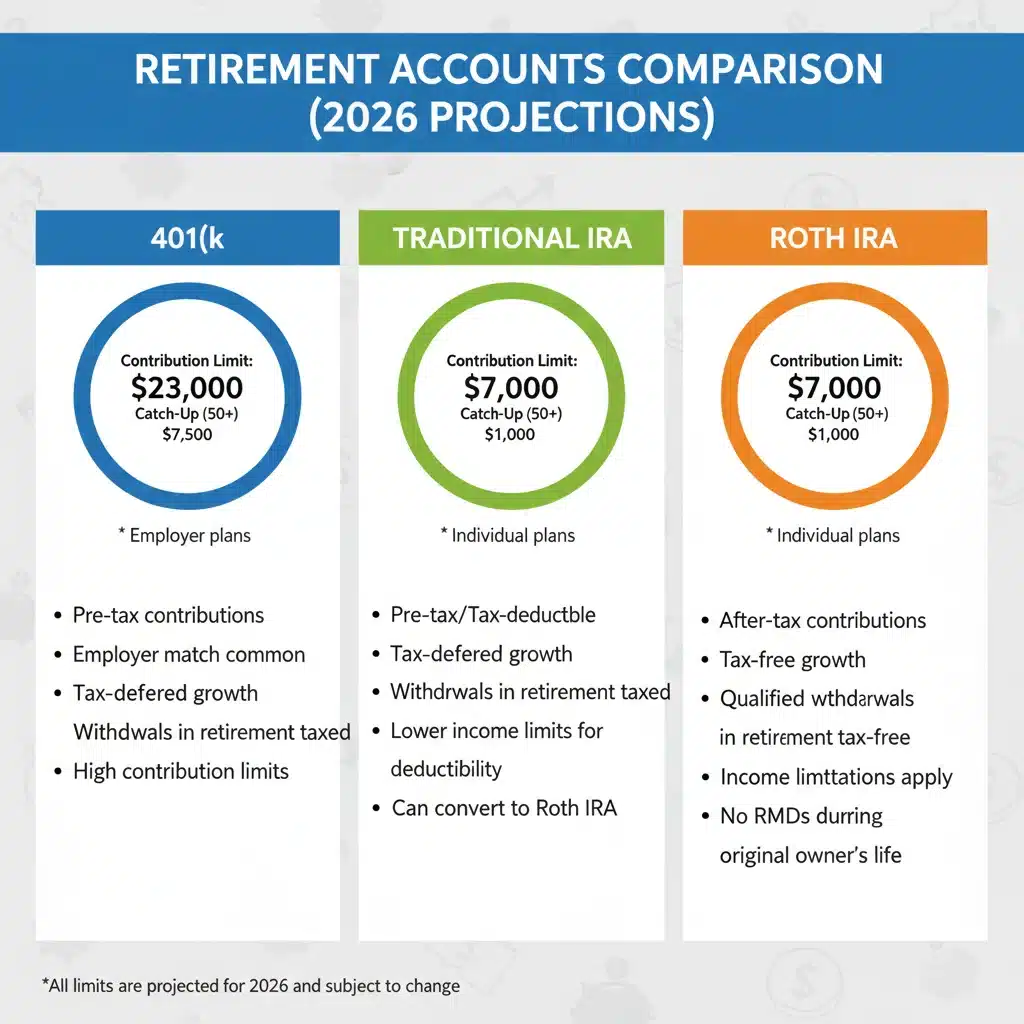 Infographic comparing 2026 retirement account contribution limits