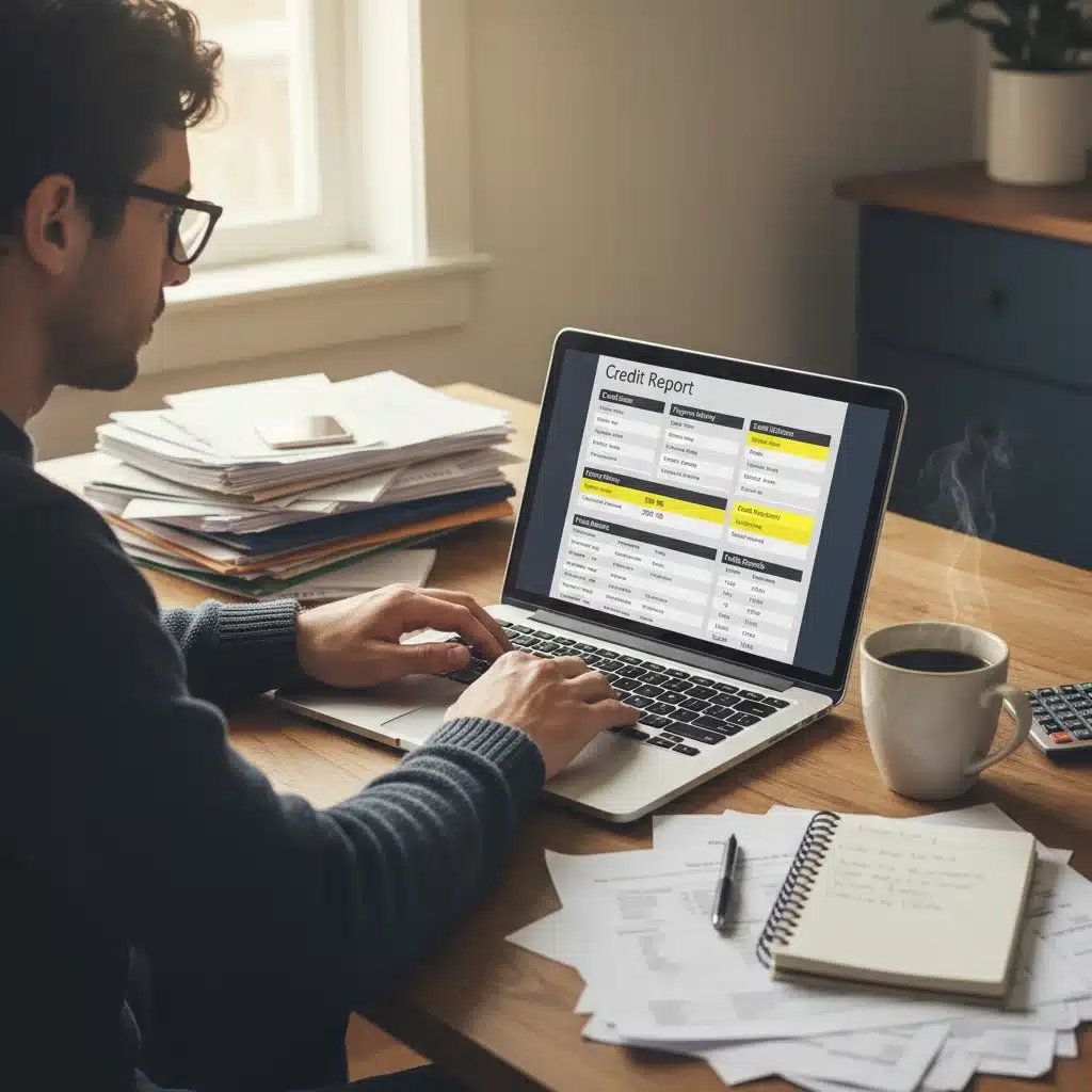 Person reviewing credit report on laptop, emphasizing financial diligence.