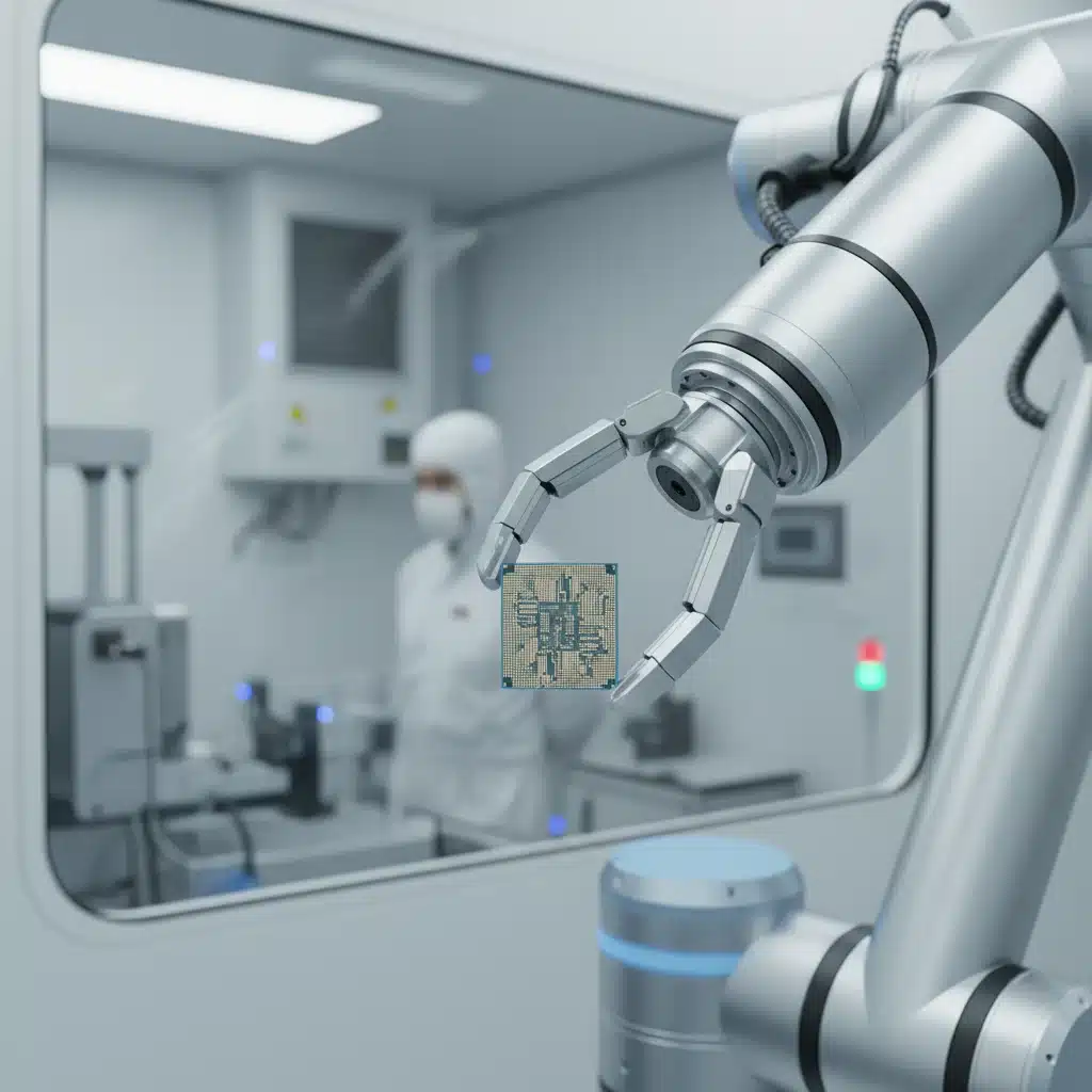 Robotic arm assembling a semiconductor chip in a cleanroom