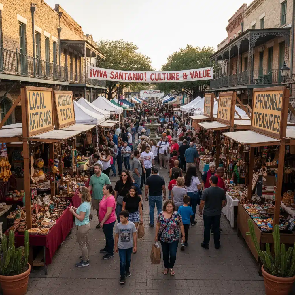 Vibrant street market scene in San Antonio, Texas, offering affordable local experiences