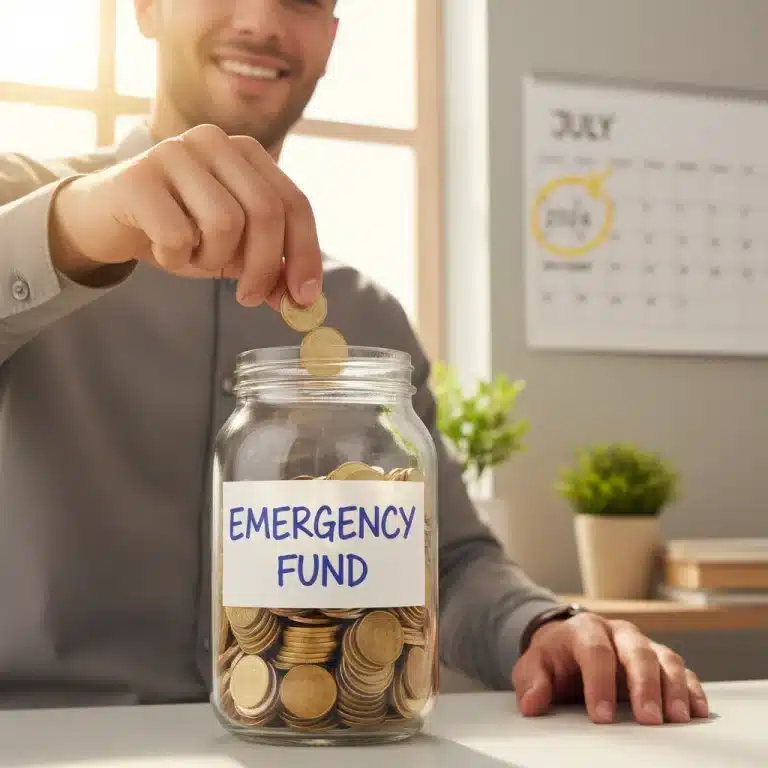 Person saving money in a jar for emergency fund by mid-2026