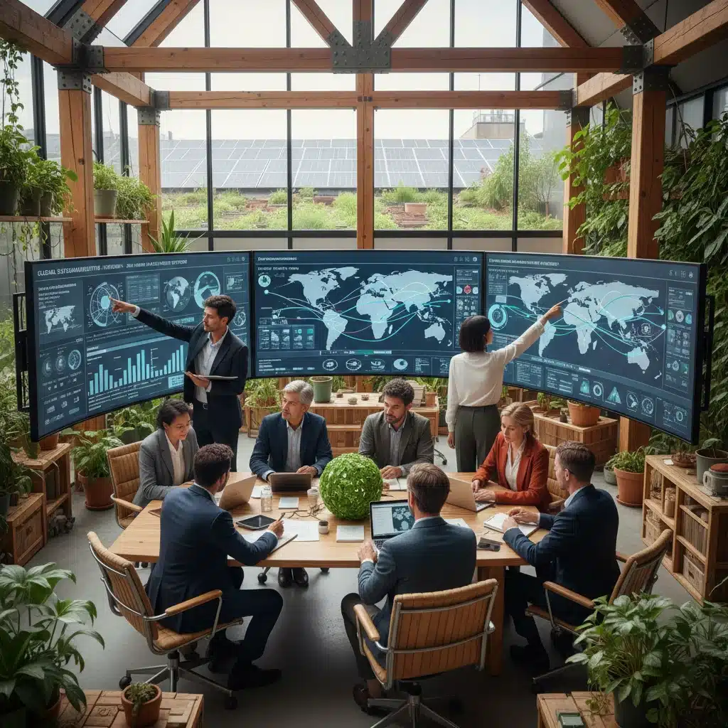 Scientists and policymakers analyzing environmental data on digital screens in a collaborative setting.