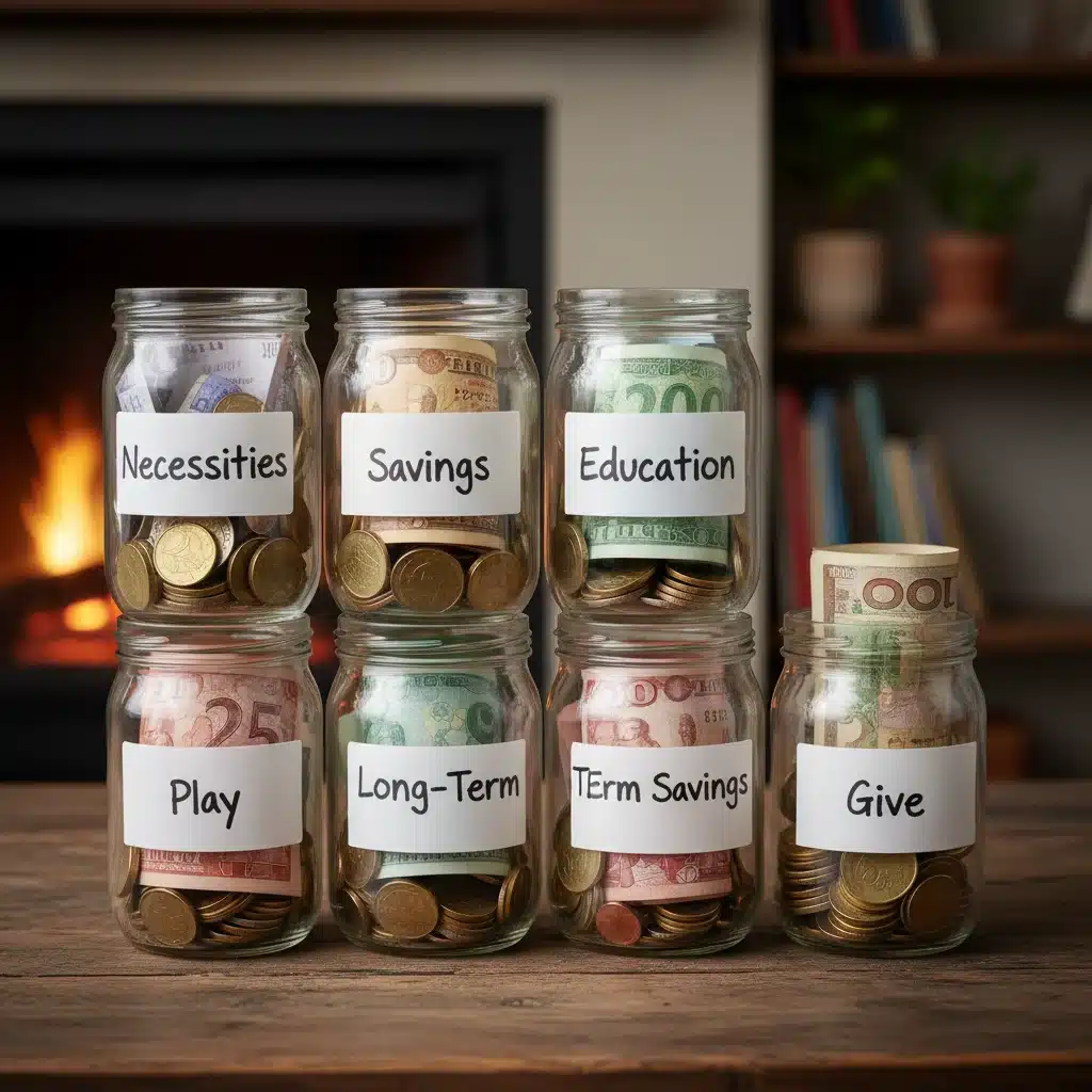 Six labeled glass jars for budget allocation