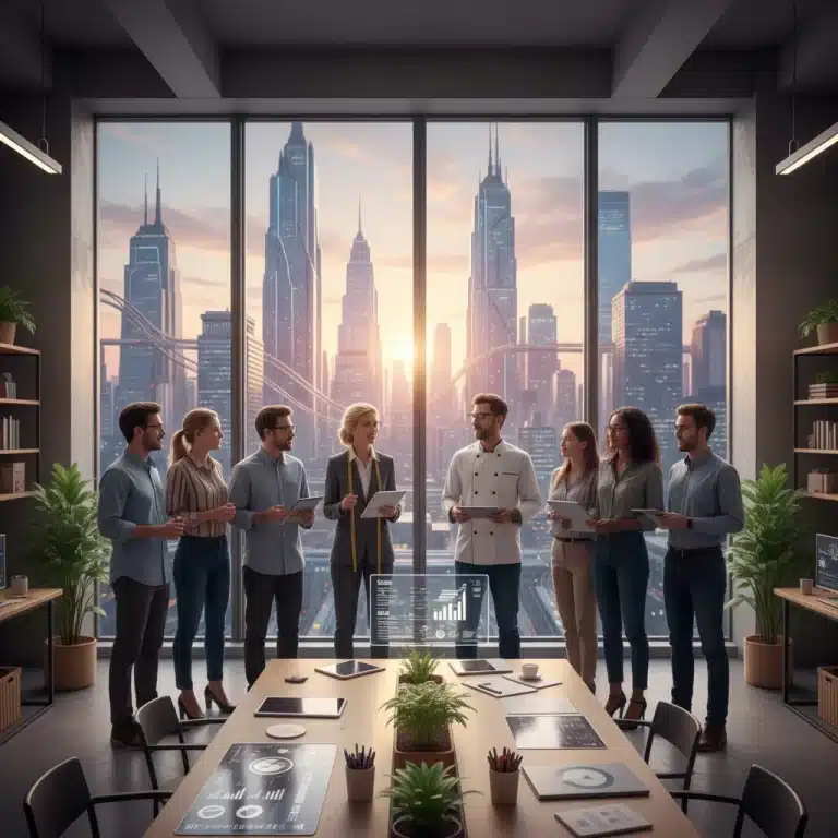 Small business owners discussing future strategies with a cityscape backdrop.
