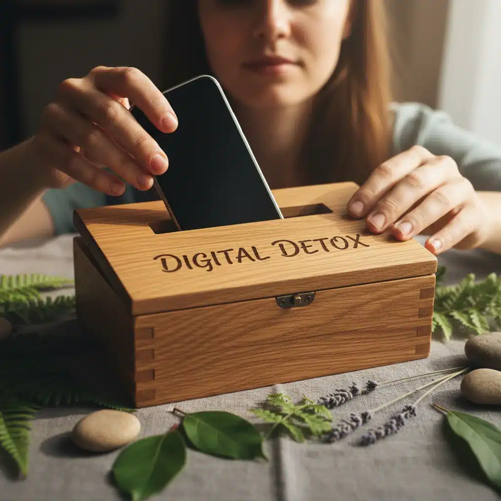 Hands placing a smartphone into a digital detox box, symbolizing intentional disconnection.