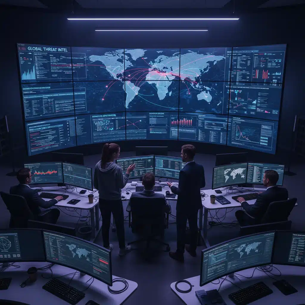 Cybersecurity team in a SOC actively monitoring threats