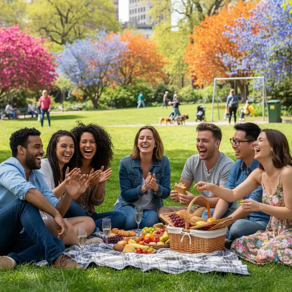 Friends enjoying a joyful picnic in a park, emphasizing social connection.
