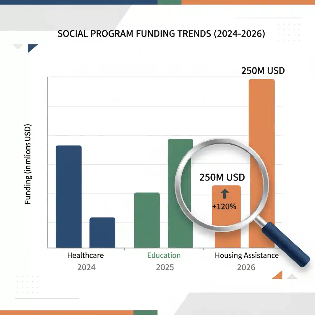 Bar graph illustrating funding trends for federal social programs from 2024 to 2026