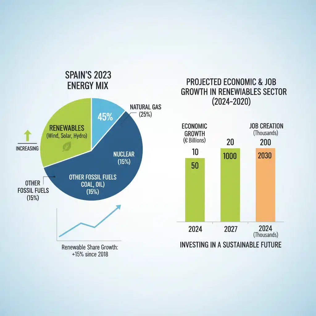 Infographic on Spain's renewable energy mix and economic impact.