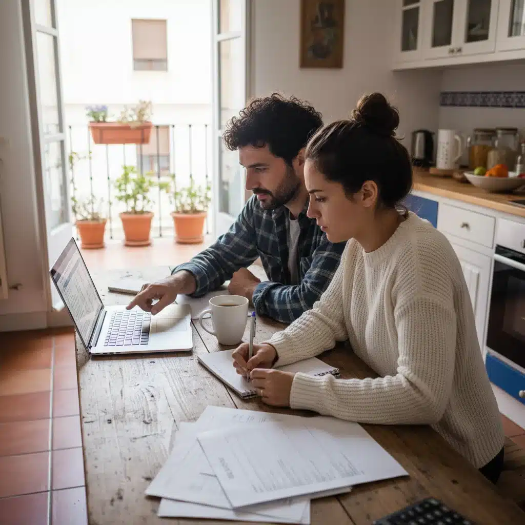 Spanish couple planning family finances on laptop