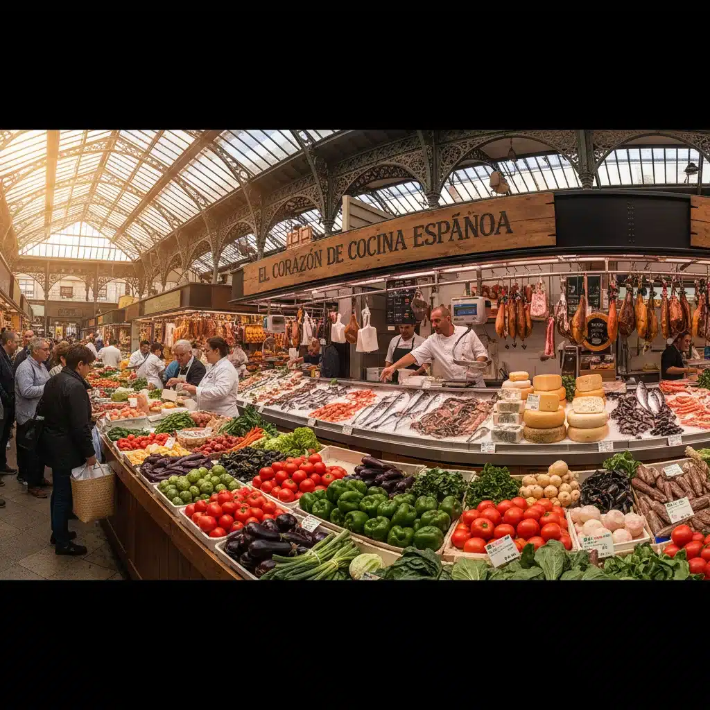Vibrant Spanish food market with fresh produce and bustling activity.