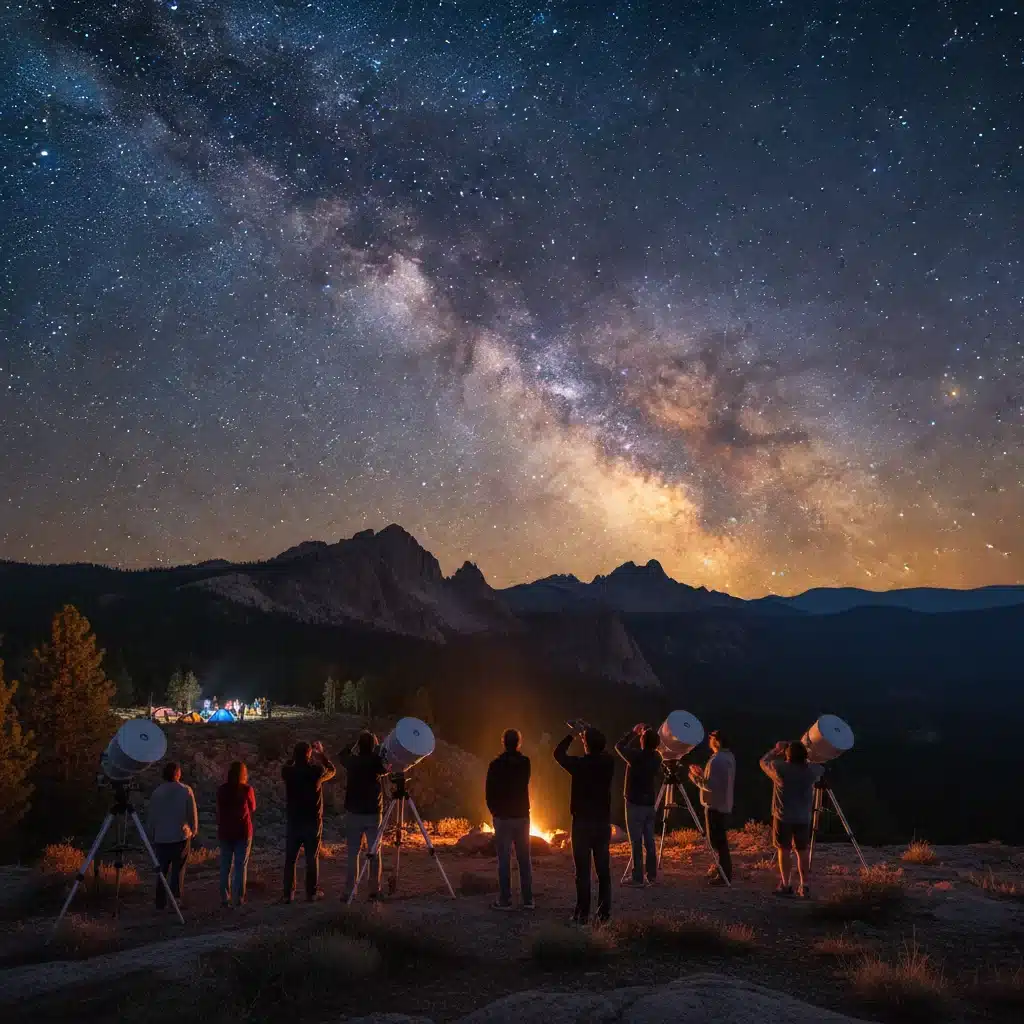 Stargazers with telescopes at a national park event.