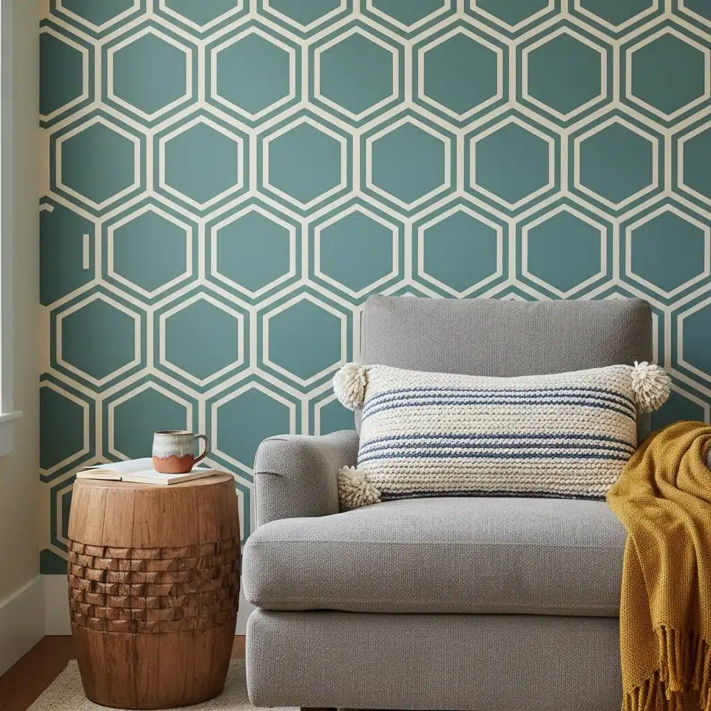Bedroom with geometrically stenciled accent wall and DIY reading nook
