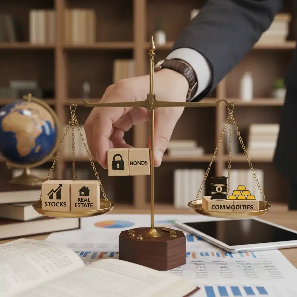 Hand balancing various investment blocks on a scale, symbolizing strategic asset allocation.
