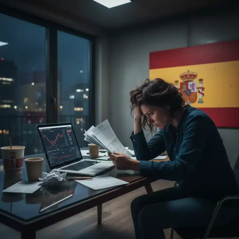 Stressed person reviewing credit card statements for debt negotiation in Spain