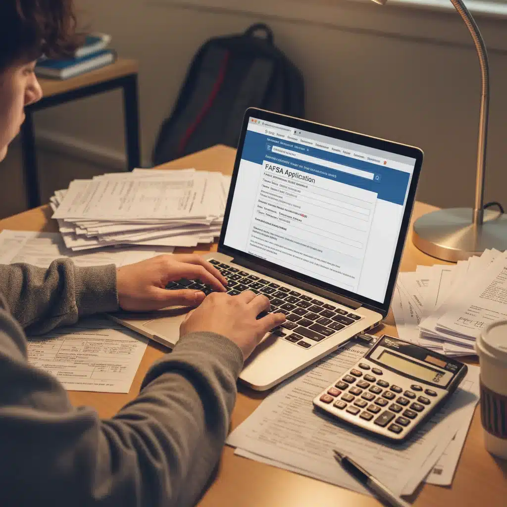 Student applying for federal student aid on laptop with financial documents.