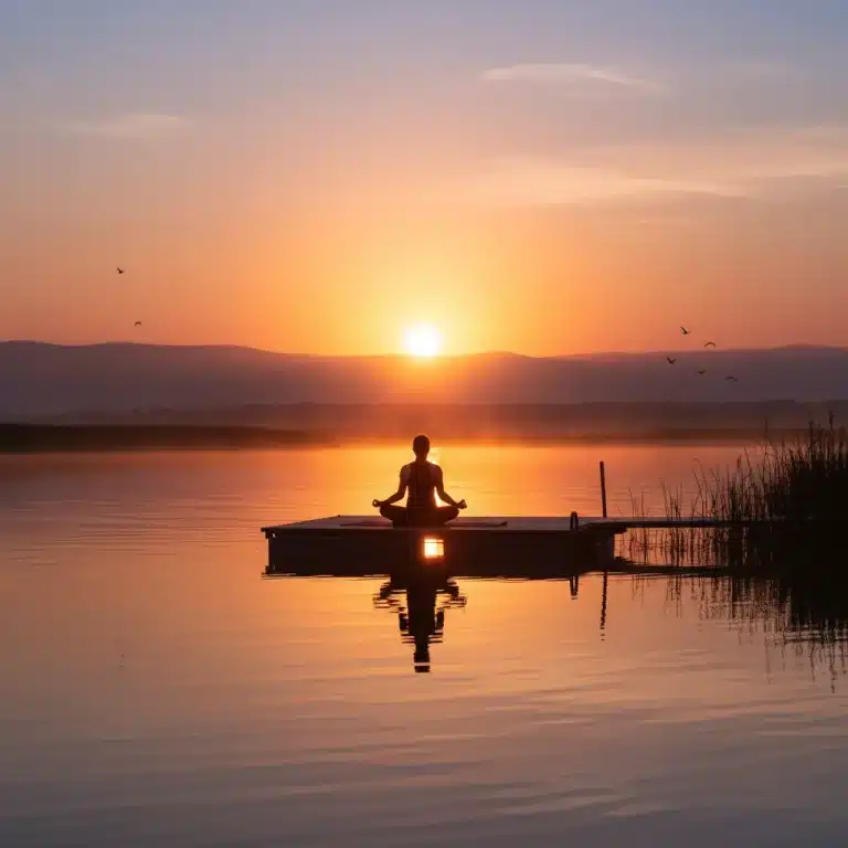 Person meditating by a lake at sunrise, symbolizing morning peace and productivity