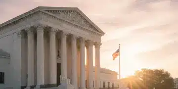 Supreme Court building bathed in morning light, symbolizing justice and new legal term.