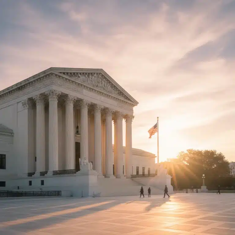 Supreme Court building bathed in morning light, symbolizing justice and new legal term.