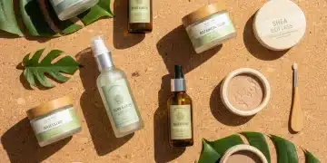 Assortment of sustainable beauty products with eco-friendly packaging on a natural background.