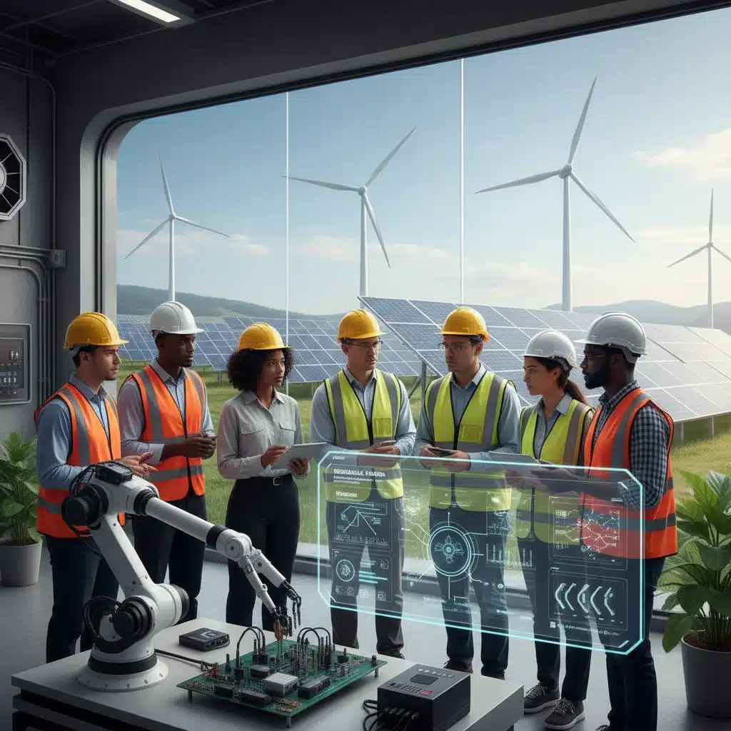 Engineers collaborating in a sustainable energy plant